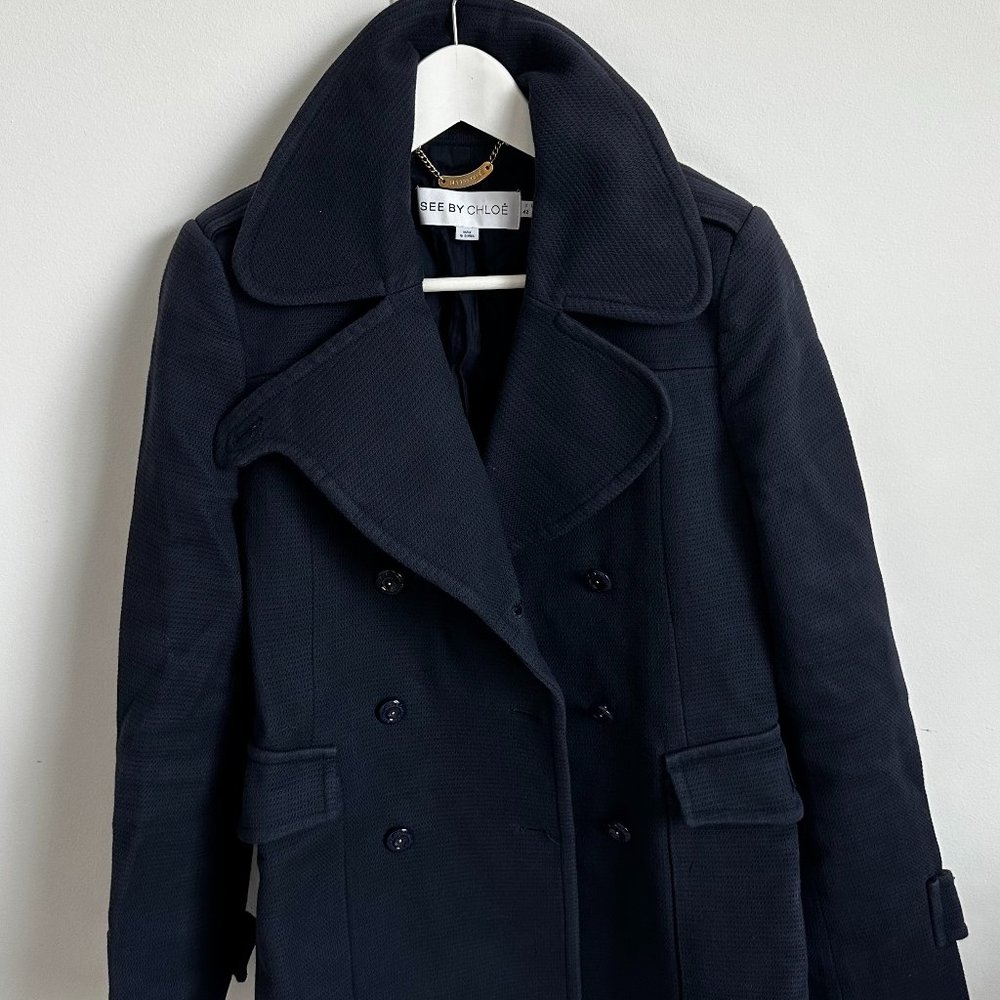 See By Chloè Navy 100% Cotton Pea Coat - Size 6